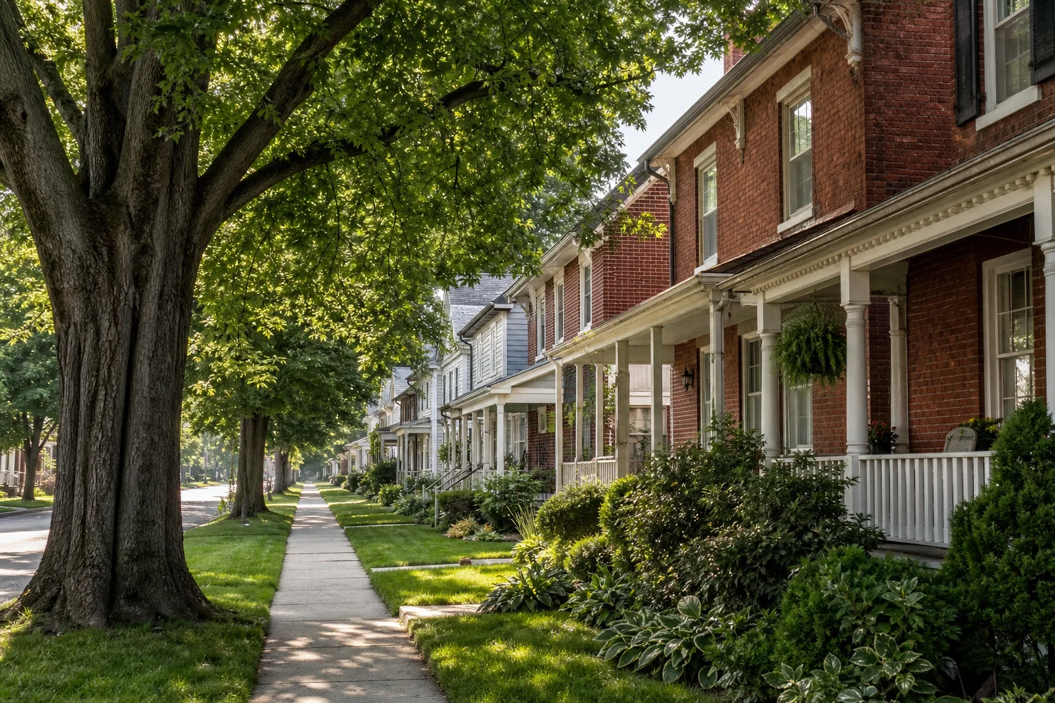 Compact Alburtis borough block with older homes, sidewalks, porches, and mature street trees