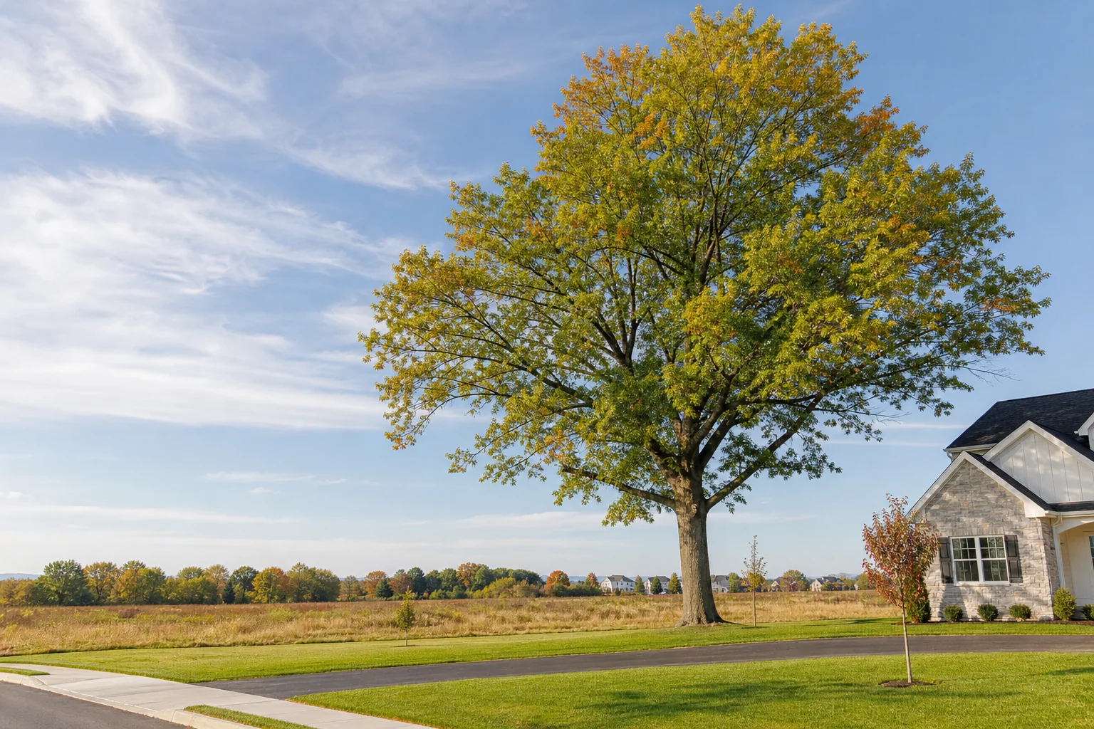 Breinigsville area home and mature shade tree beside an open field under a broad sky