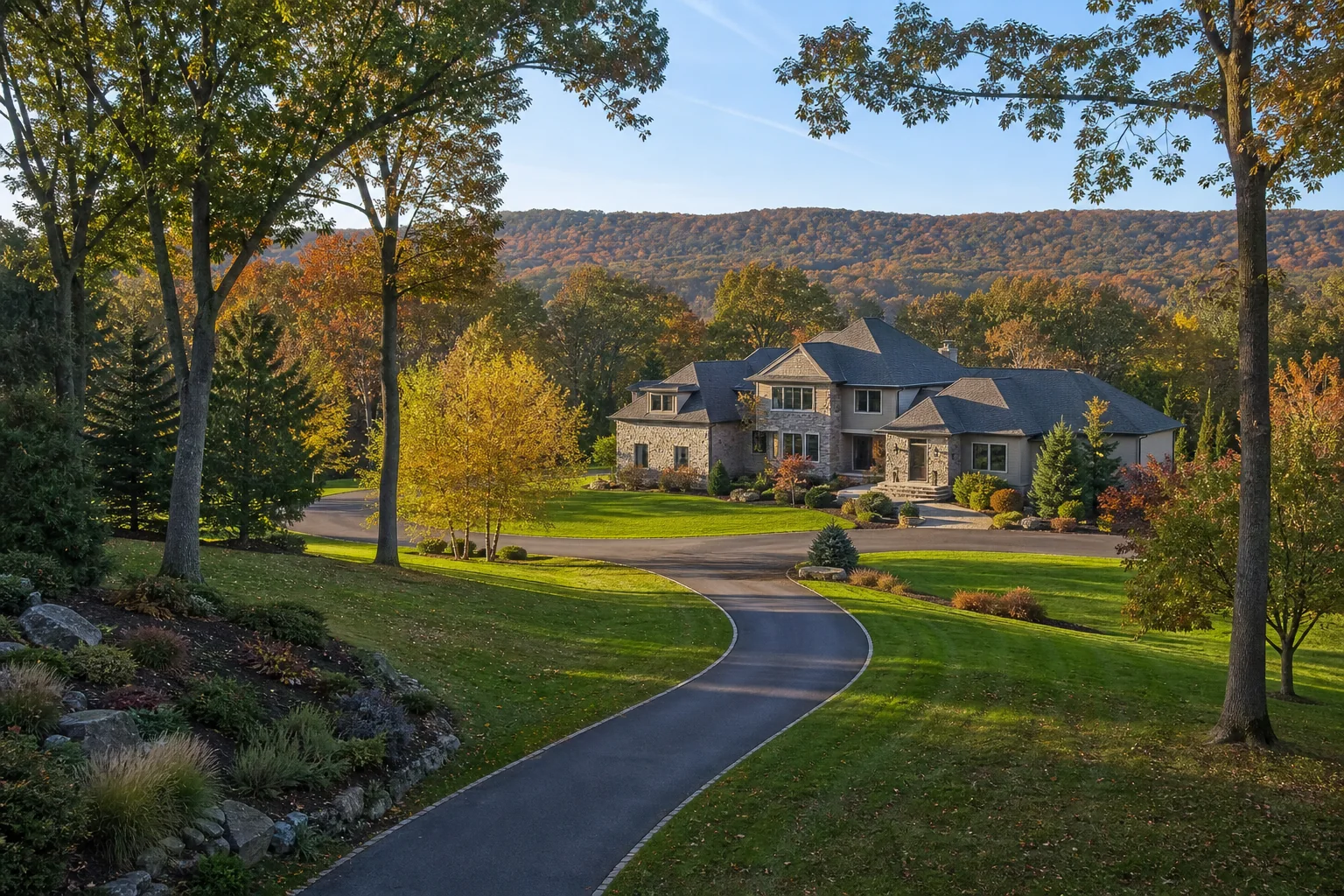 Rolling Center Valley area residential property with mature trees, a curved driveway, and a wooded ridge