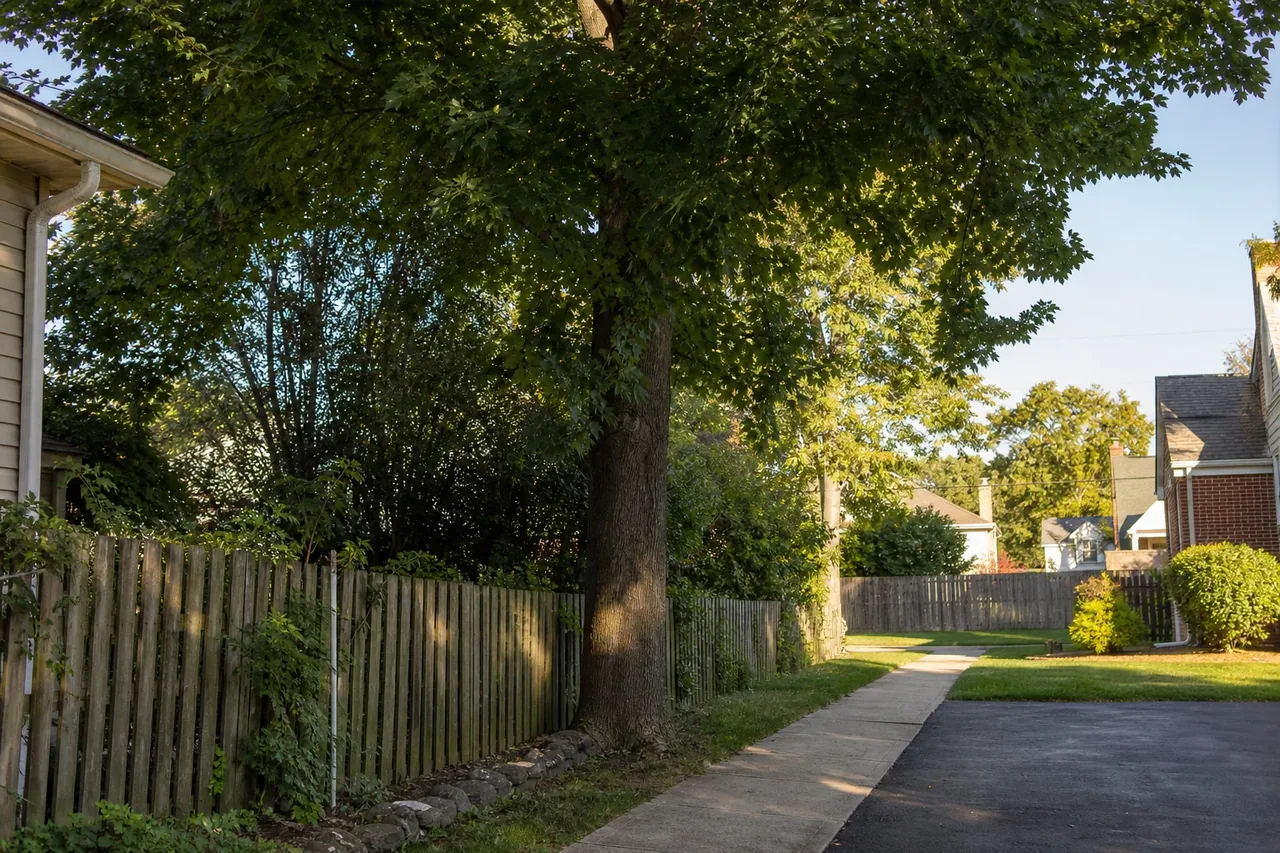 Borough property with mature trees near walkways and property lines