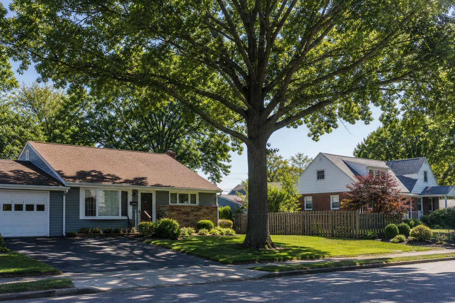 Established East Texas area neighborhood with a broad mature shade tree beside homes and driveways
