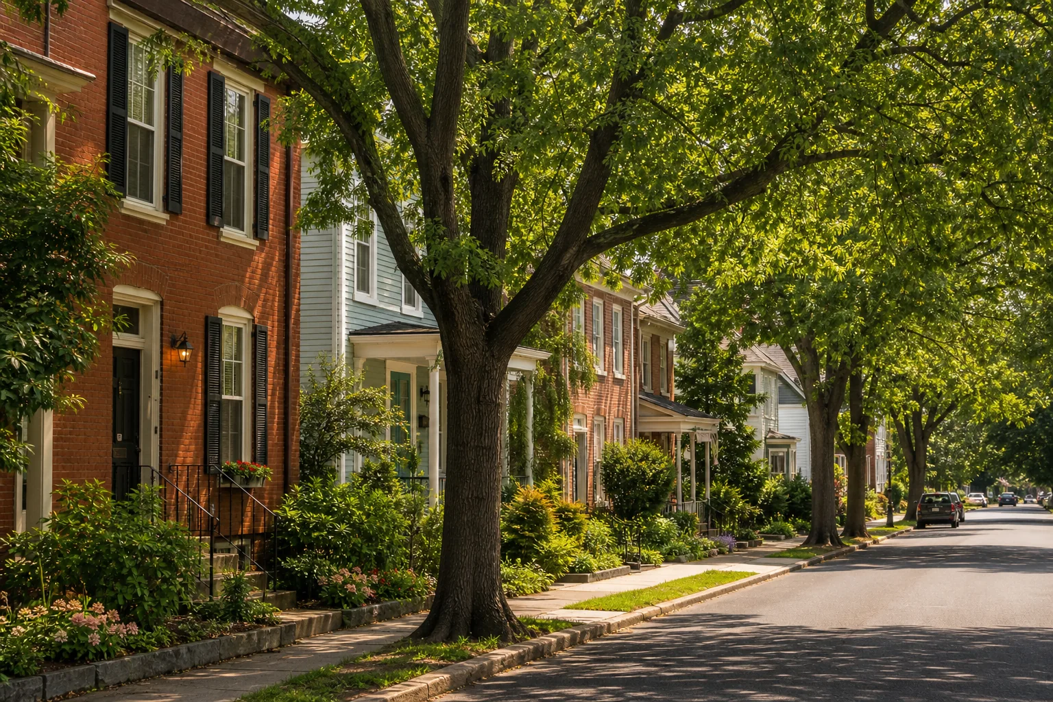 Established Nazareth area borough street with brick homes, sidewalks, and mature shade trees