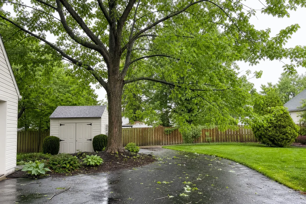 Suburban Lehigh Valley yard with mature trees near a driveway