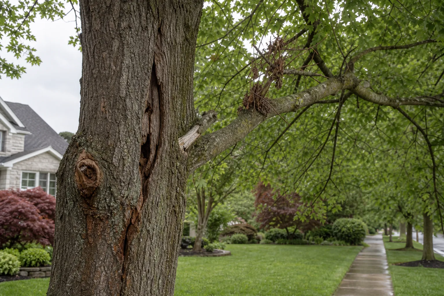 Cracked residential shade tree trunk with deadwood warning signs