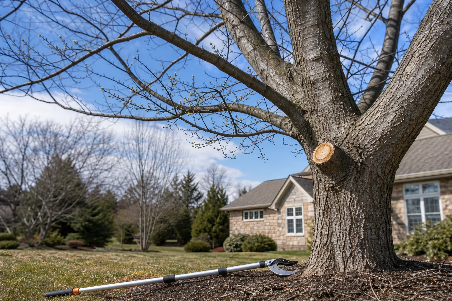 Late-winter Pennsylvania shade tree with clean pruning context