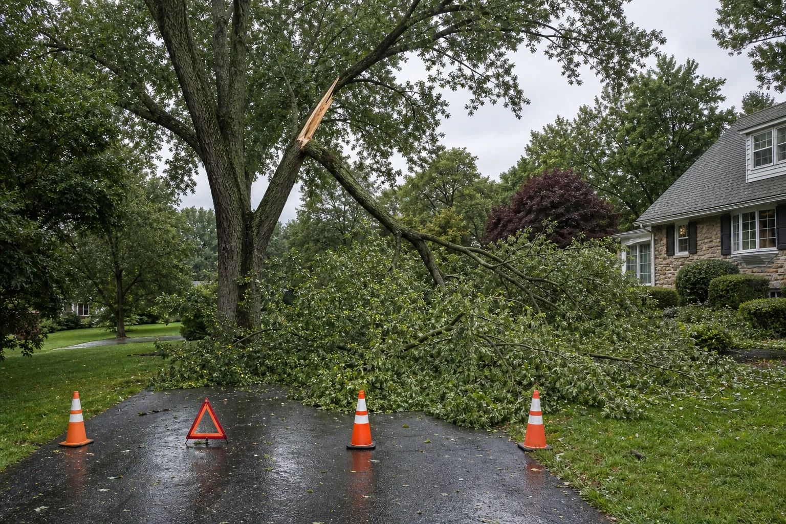 Storm-broken limb blocking a wet residential driveway with safety cones