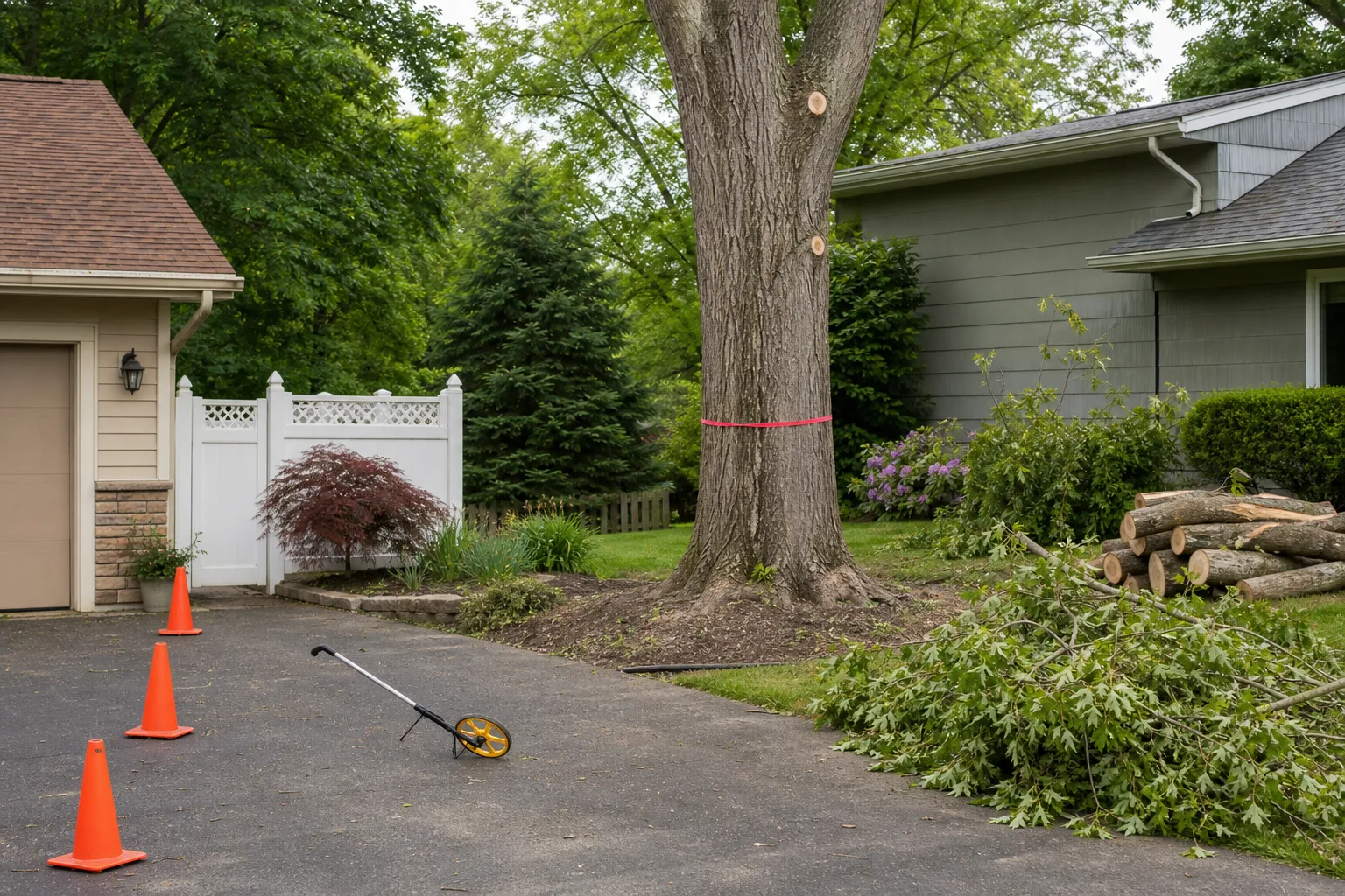 Residential tree removal planning with driveway access and cleanup factors
