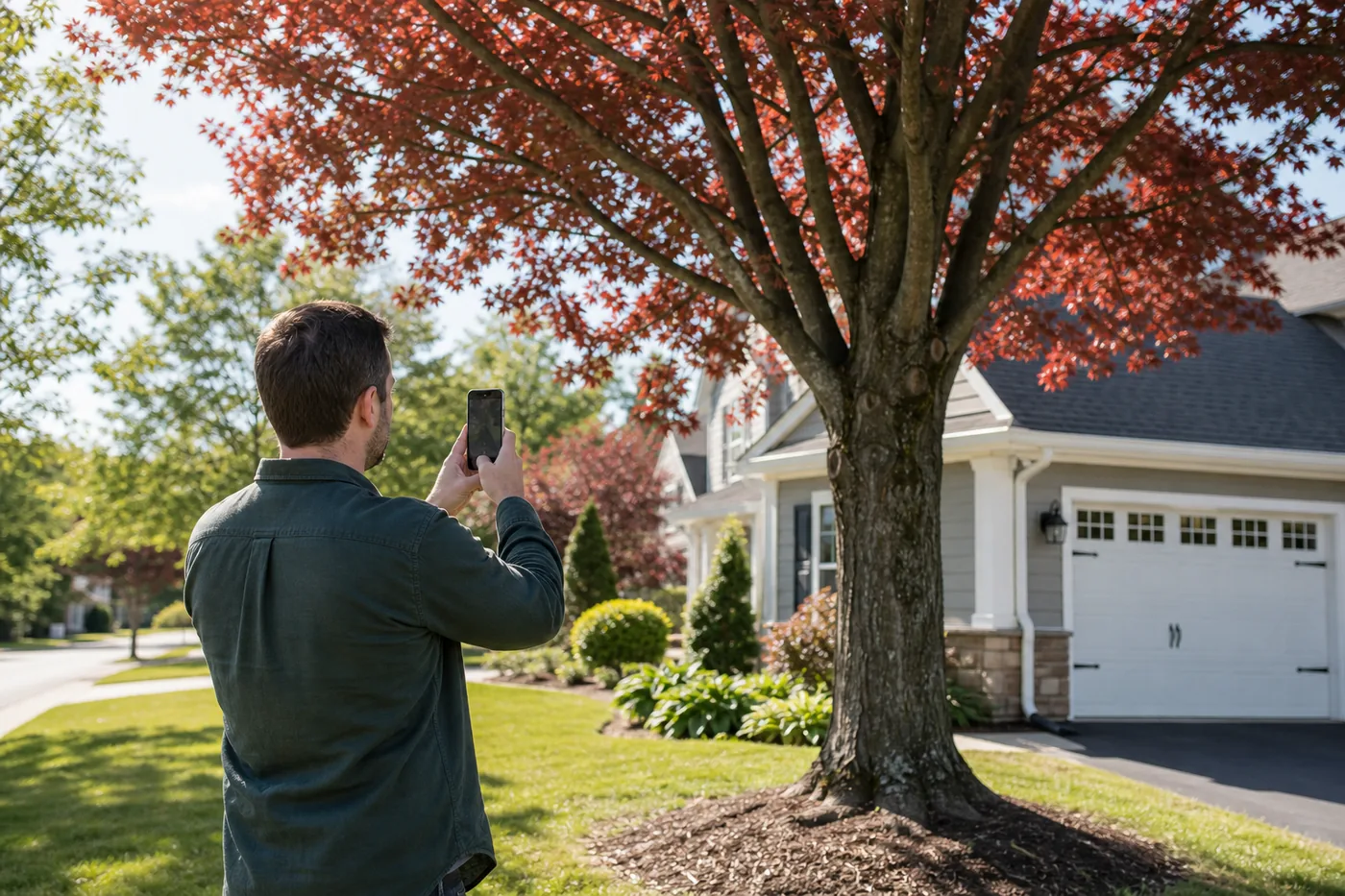 Homeowner safely photographing a tree for an estimate