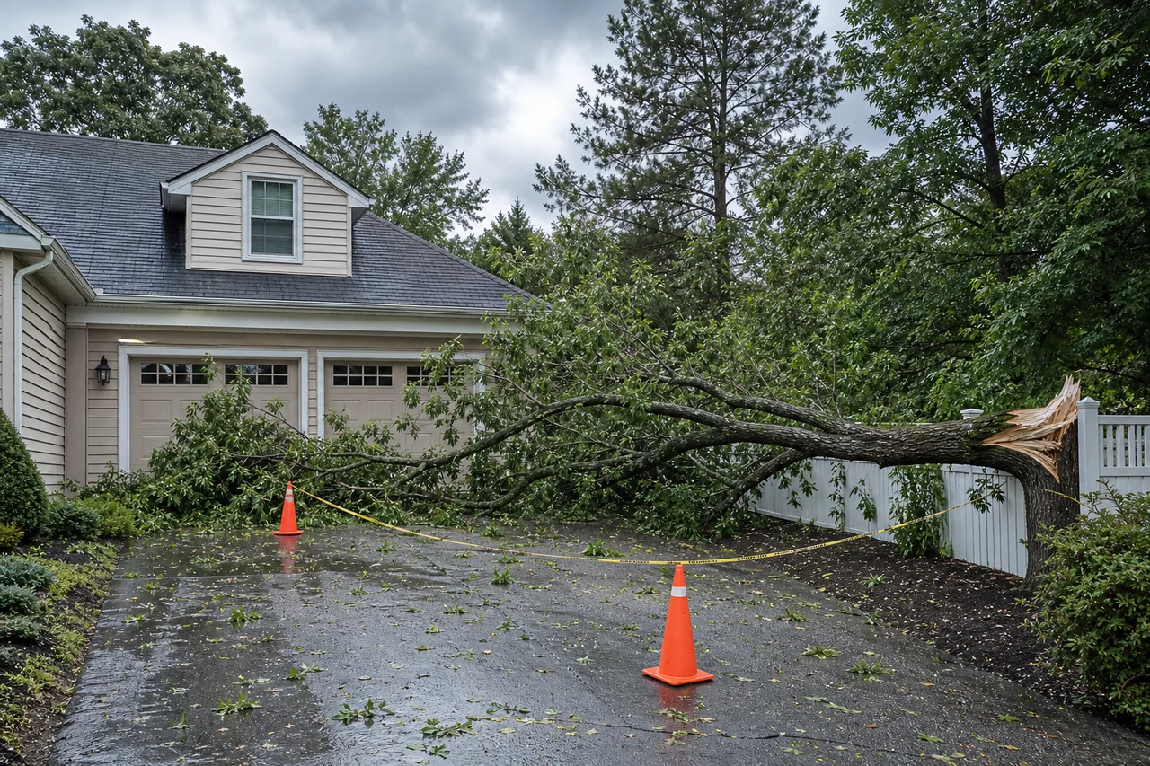 Storm-damaged tree limb blocking a residential driveway after severe weather