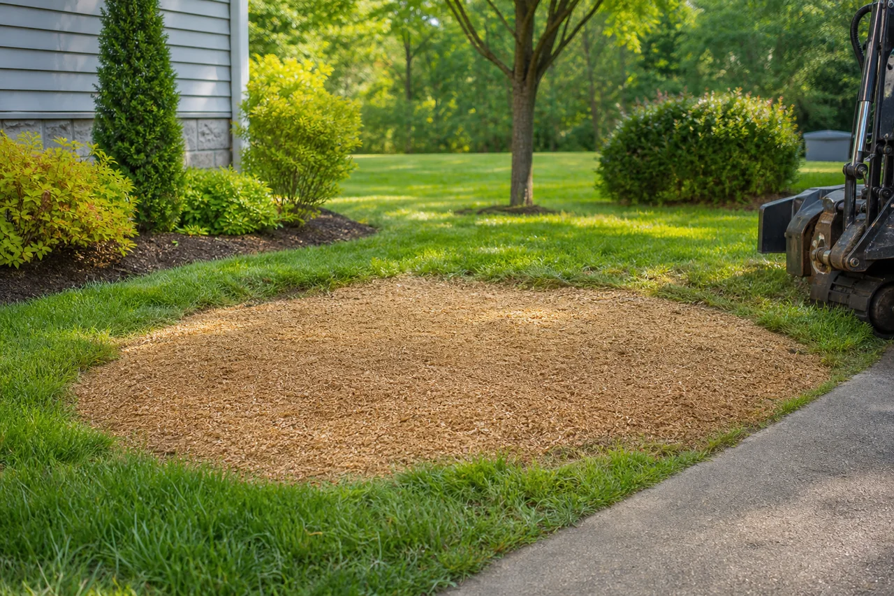Freshly ground stump area prepared for lawn repair or mulch after tree removal