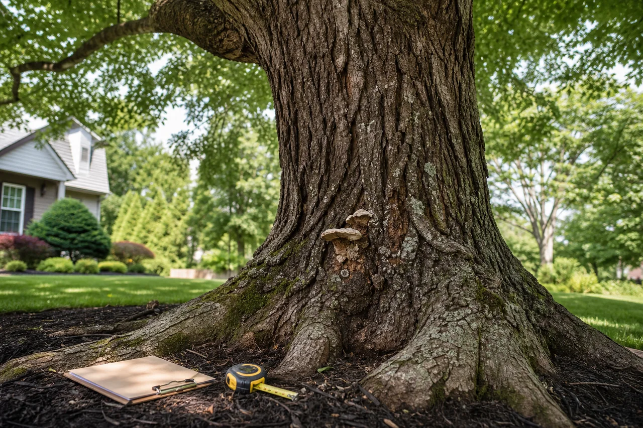 Tree health assessment view of trunk bark, root flare, and canopy condition