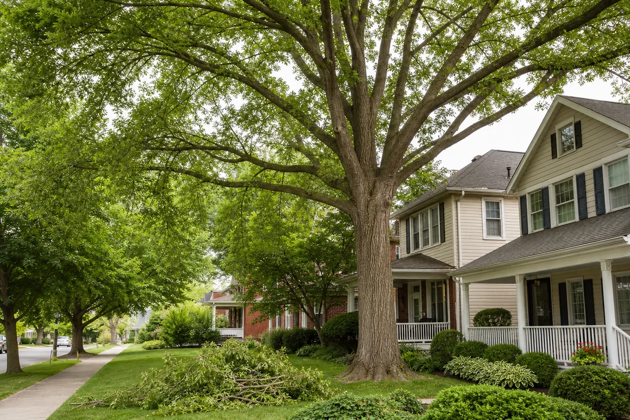 Selective pruning and roofline clearance for a mature residential shade tree