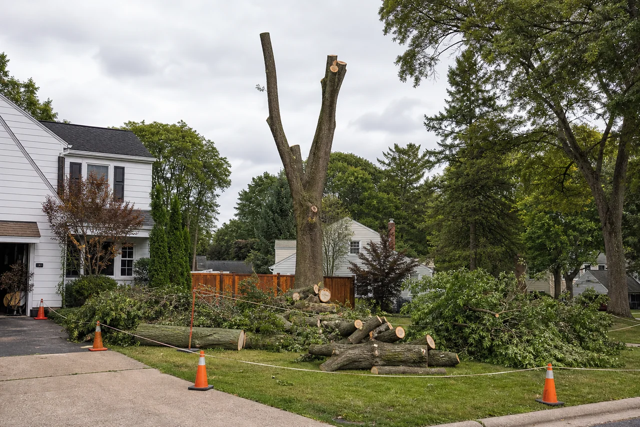 Residential tree removal work area with access controls near a home and driveway