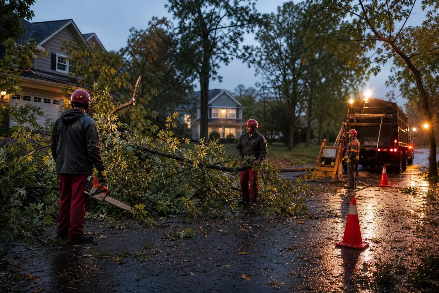Emergency tree crew clearing storm-damaged limbs after rain