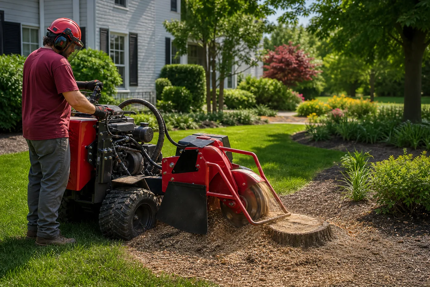 Stump grinding in a clean residential yard