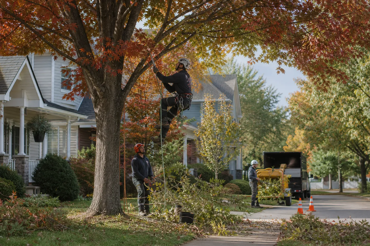 Tree pruning work for roof and sidewalk clearance