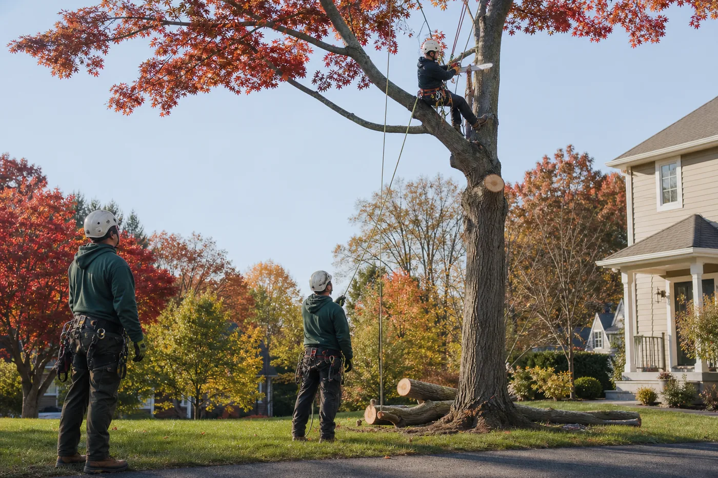 Tree removal crew working near a mature residential tree